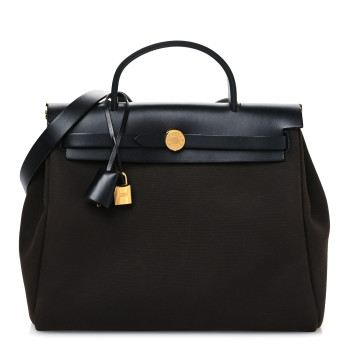 HERMES Military Toile Vache Hunter Herbag Zip Retourne 31 PM Black Ebene