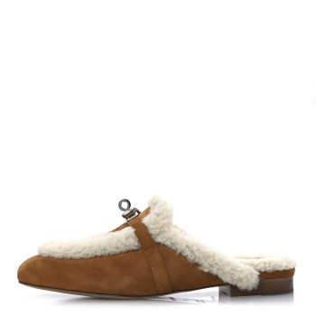 HERMES Suede Goatskin Shearling Womens Oz Mules 37 Natural Ecru