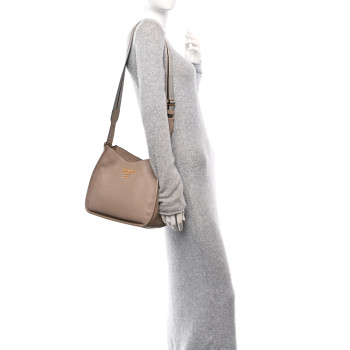 PRADA Vitello Daino Soft Hobo Messenger Bag Argilla
