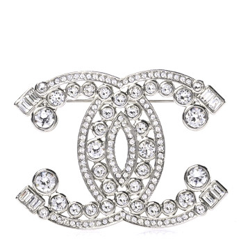 CHANEL Metal Crystal CC Brooch Silver
