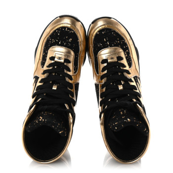 CHANEL Satin Lambskin Fabric Tweed CC High Top Sneakers 37.5  Black Gold