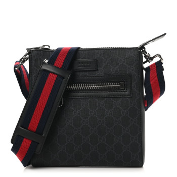 GUCCI GG Supreme Monogram Web Small Flat Messenger Bag Black Grey
