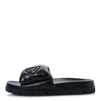 PRADA Nappa Soft Padded Metal Triangle Logo Slide Sandals 41 Black