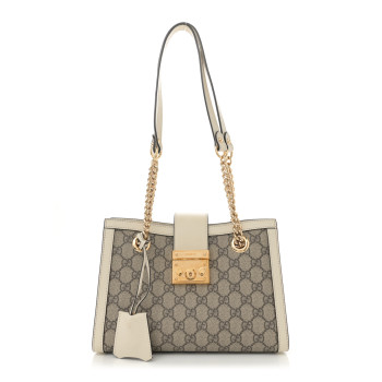 GUCCI GG Supreme Monogram Moon Calfskin Small Padlock Tote Beige Ebony Mystic White