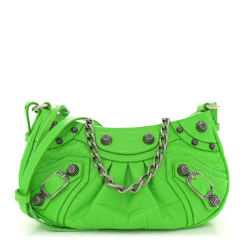 BALENCIAGA Extra Supple Calfskin Crocodile Embossed Le Cagole Mini Purse With Chain Acid Green
