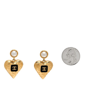 CHANEL Metal Pearl Resin CC Heart Drop Earrings Gold Black