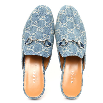 GUCCI New Denim GG Malaga Kid Womens Princetown Slippers 36.5 Light Blue Royale