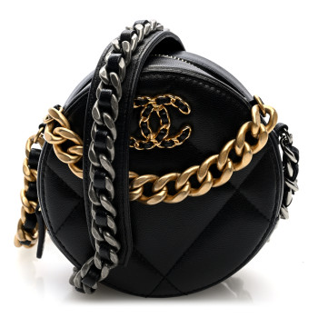 CHANEL Lambskin Quilted Chanel 19 Round Clutch With Chain Black