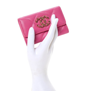CHANEL Lambskin Quilted Chanel 19 Flap Card Holder Dark Pink