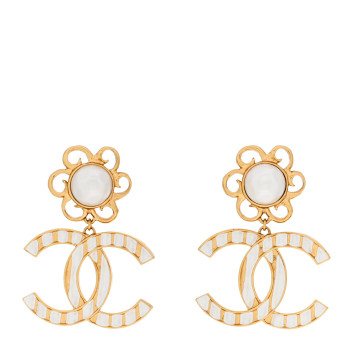 CHANEL Metal Enamel Pearl CC Drop Earrings Gold White