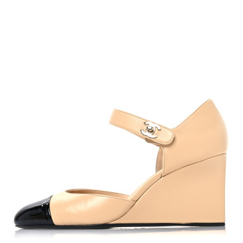CHANEL Lambskin Patent Cap Toe Mary Jane Wedge Pumps 38.5 Beige Black