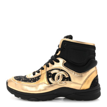 CHANEL Satin Lambskin Fabric Tweed CC High Top Sneakers 37.5  Black Gold