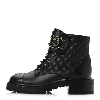 CHANEL Lambskin Calfskin Quilted Lace Up Combat Boots 38 Black