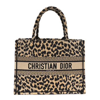 CHRISTIAN DIOR Canvas Mizza Embroidered Medium Leopard Book Tote Beige