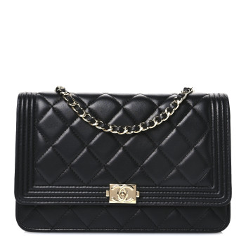 CHANEL Lambskin Quilted Boy Wallet On Chain WOC Black