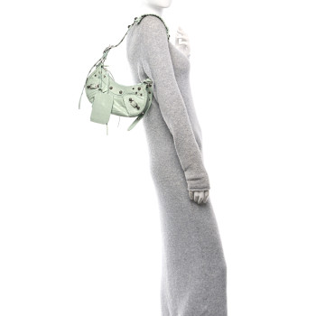 BALENCIAGA Extra Supple Calfskin Crocodile Embossed Le Cagole Shoulder Bag XS Light Green