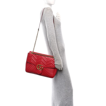 GUCCI Calfskin Matelasse Large GG Marmont Shoulder Bag Hibiscus Red