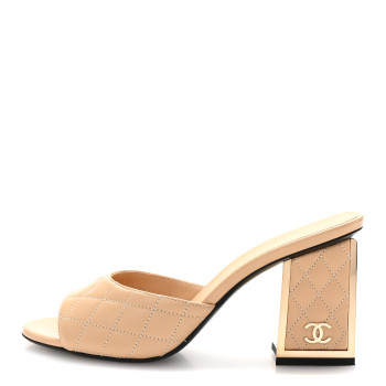 CHANEL Lambskin Quilted CC Mules 40 Beige
