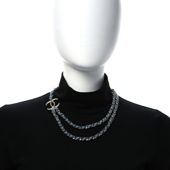 CHANEL Metal Denim CC Double Chain Necklace Blue Gold