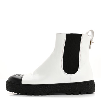 CHANEL Calfskin Cap Toe CC Ankle Boots 39 White Black