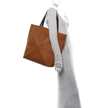 LOEWE Suede Large Puzzle Fold Tote Cognac