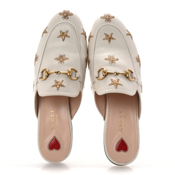 GUCCI Goatskin Bee Star Embroidered Womens Princetown Slippers 36 Mystic White