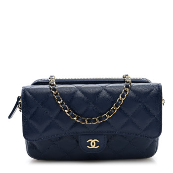 CHANEL Caviar Quilted Flap Phone Holder With Chain Navy Blue