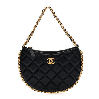 CHANEL Shiny Crumbled Lambskin Quilted Round Small CC Hobo Black