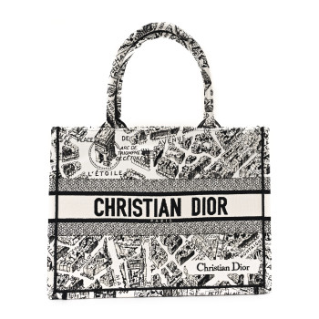 CHRISTIAN DIOR Canvas Embroidered Medium Plan De Paris Book Tote White Black