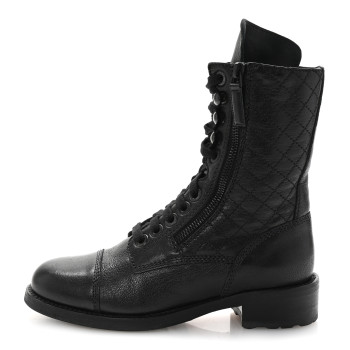 CHANEL Sheepskin Quilted CC Tall Lace Up Combat Boots 35 Black