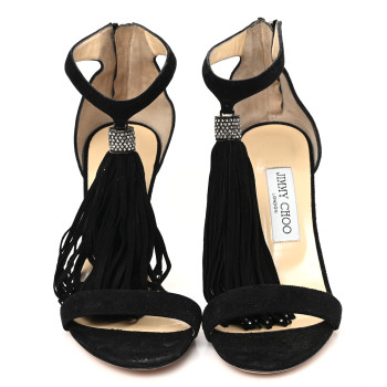 JIMMY CHOO Suede Viola Tassel Sandals 37 Black