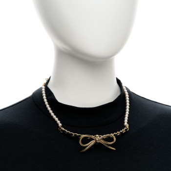 CHANEL Calfskin Pearl Metal CC Bow Choker Necklace Gold White Black