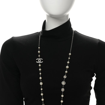 CHANEL Graduated Pearl Crystal CC Long Necklace Silver