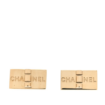 CHANEL Metal Rectangle Logo Earrings Gold