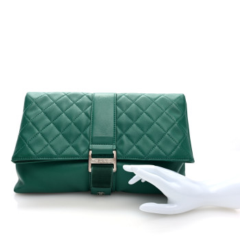 CHANEL Lambskin Quilted Grip Clutch Dark Green