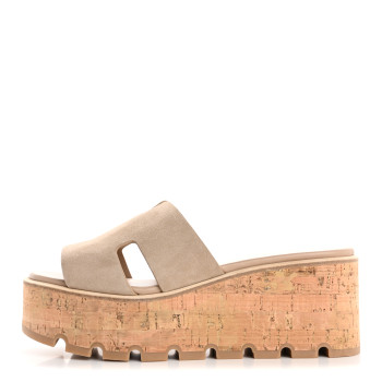 HERMES Suede Goatskin Cork Eze 30 Sandals 38 Beige Argile