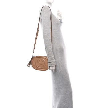 GUCCI Pebbled Calfskin Oval Soho Shoulder Bag Beige Camelia