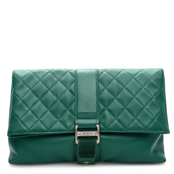 CHANEL Lambskin Quilted Grip Clutch Dark Green