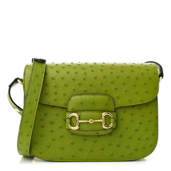 GUCCI Ostrich Medium Horsebit 1955 Shoulder Bag Lemon Grass