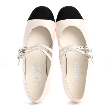 CHANEL Lambskin Grosgrain Pearl Mary Jane Flats 36 White Black