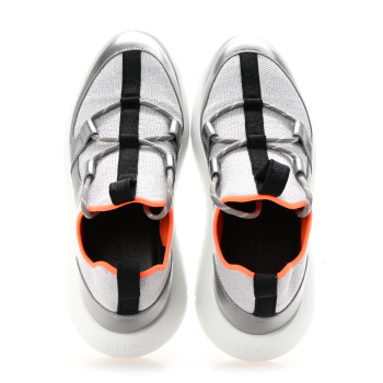 HERMES Knit Metallic Calfskin Womens Duel Sneakers 37.5 Argent Orange Black