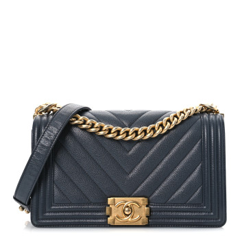 CHANEL Caviar Chevron Quilted Medium Boy Flap Dark Grey