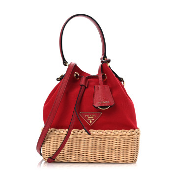 PRADA Wicker Canvas Saffiano Bucket Bag Naturale Rosso