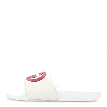 GUCCI Nappa Miro Soft Calfskin Womens Interlocking G Slide Sandals 39 Great White Hibiscus Red