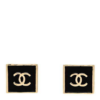 CHANEL Metal Enamel CC Square Earrings Gold Black