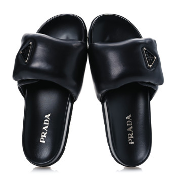 PRADA Nappa Soft Padded Metal Triangle Logo Slide Sandals 41 Black