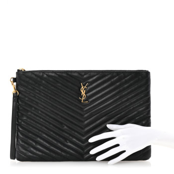 SAINT LAURENT Calfskin Matelasse Chevron Monogram Document Holder Black