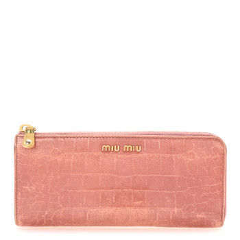 MIU MIU Vernice Crocodile Embossed Calfskin Zip Around Wallet Antico