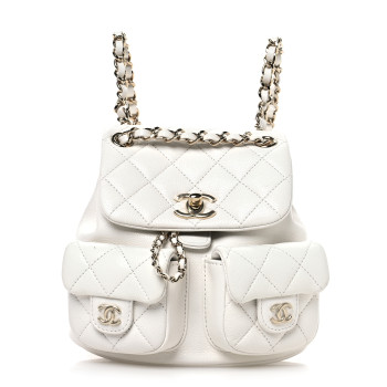 CHANEL Shiny Caviar Quilted Small Duma Pockets Drawstring Backpack White