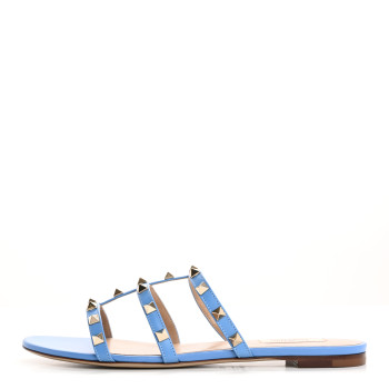 VALENTINO GARAVANI Nappa Rockstud Caged Flat Slide Sandals 39.5 Denim